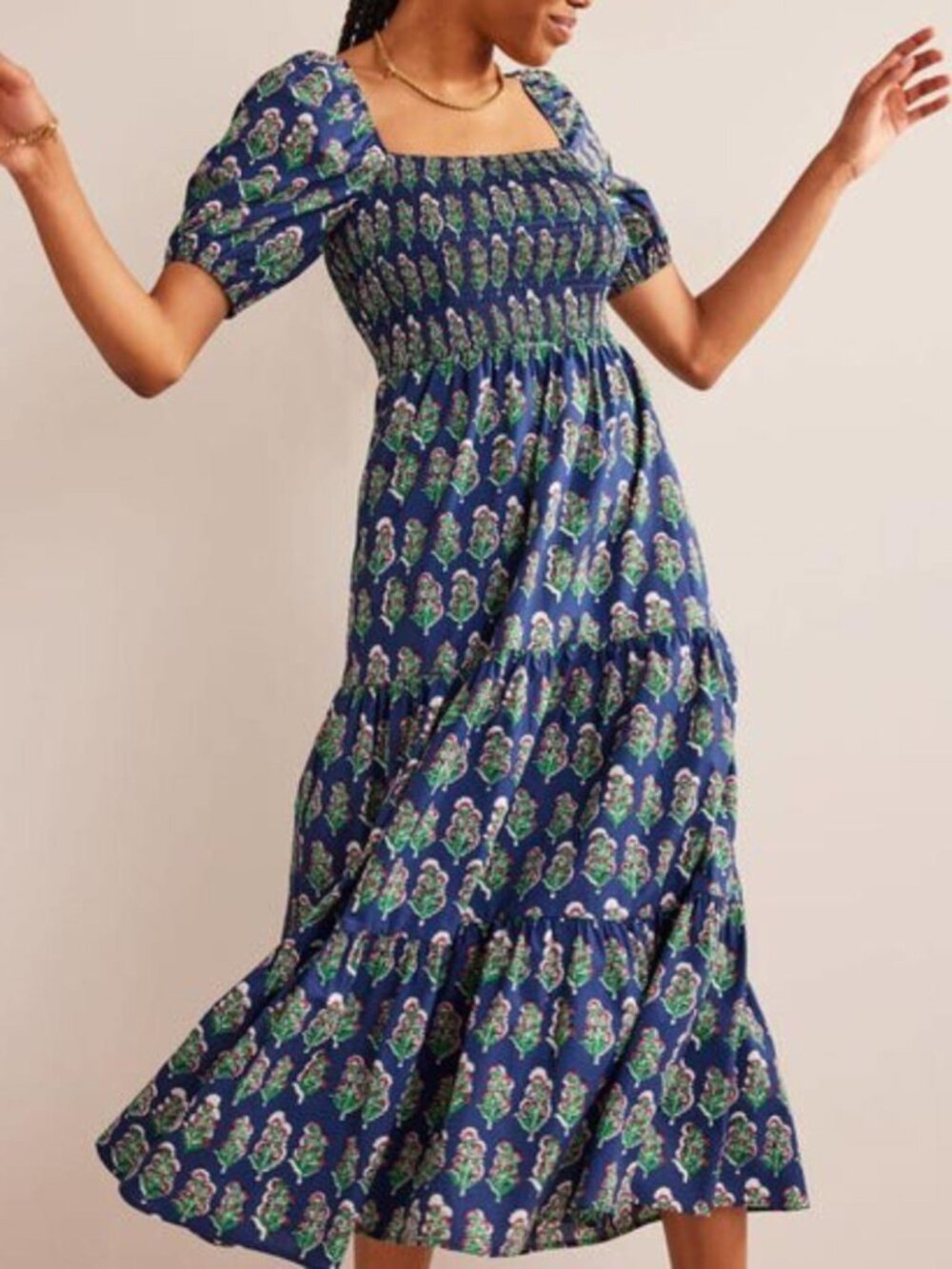 Boden Smocked Bodice Maxi Dress French Navy Artisan Bloom Floral cotton US10R